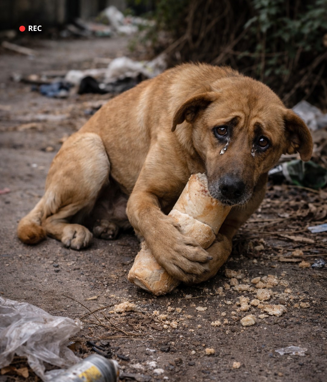 Escena conmovedora: la reacción alegre del cachorro sin hogar a un simple regalo de pan